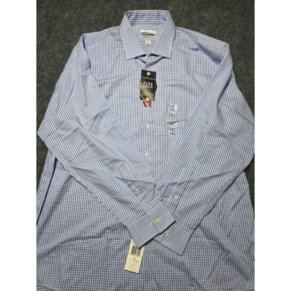 Van Heusen Flex Collar Regular Fit Blue White Plaid Dress Shirt 17½ 34/35